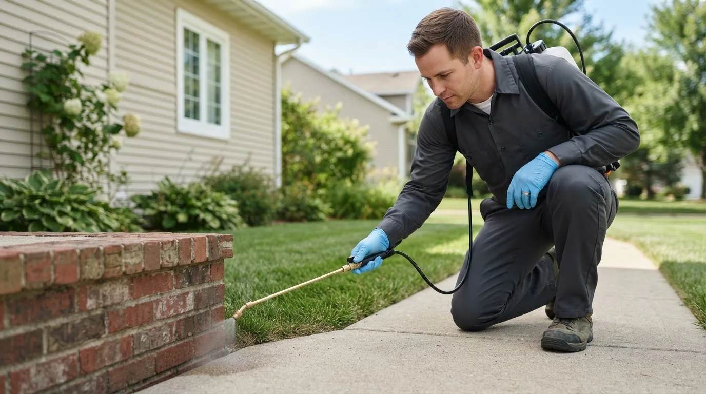 Pest control technician treating a home near Wynot, NE